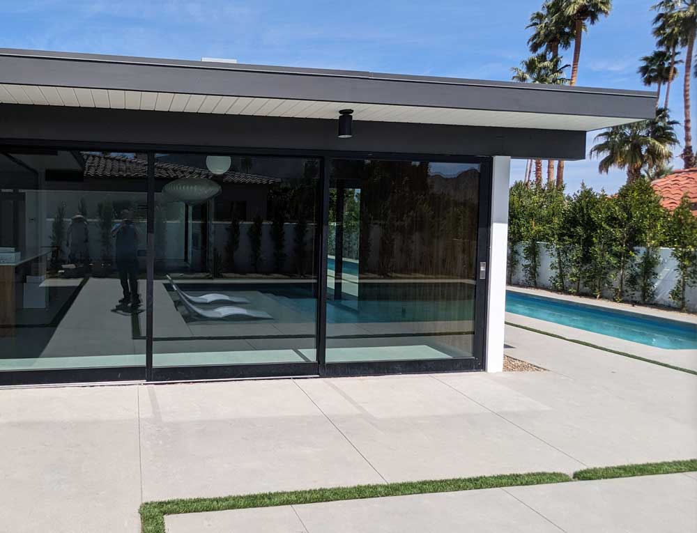 Massive geometrical glass walls EICHLER pool deck patio